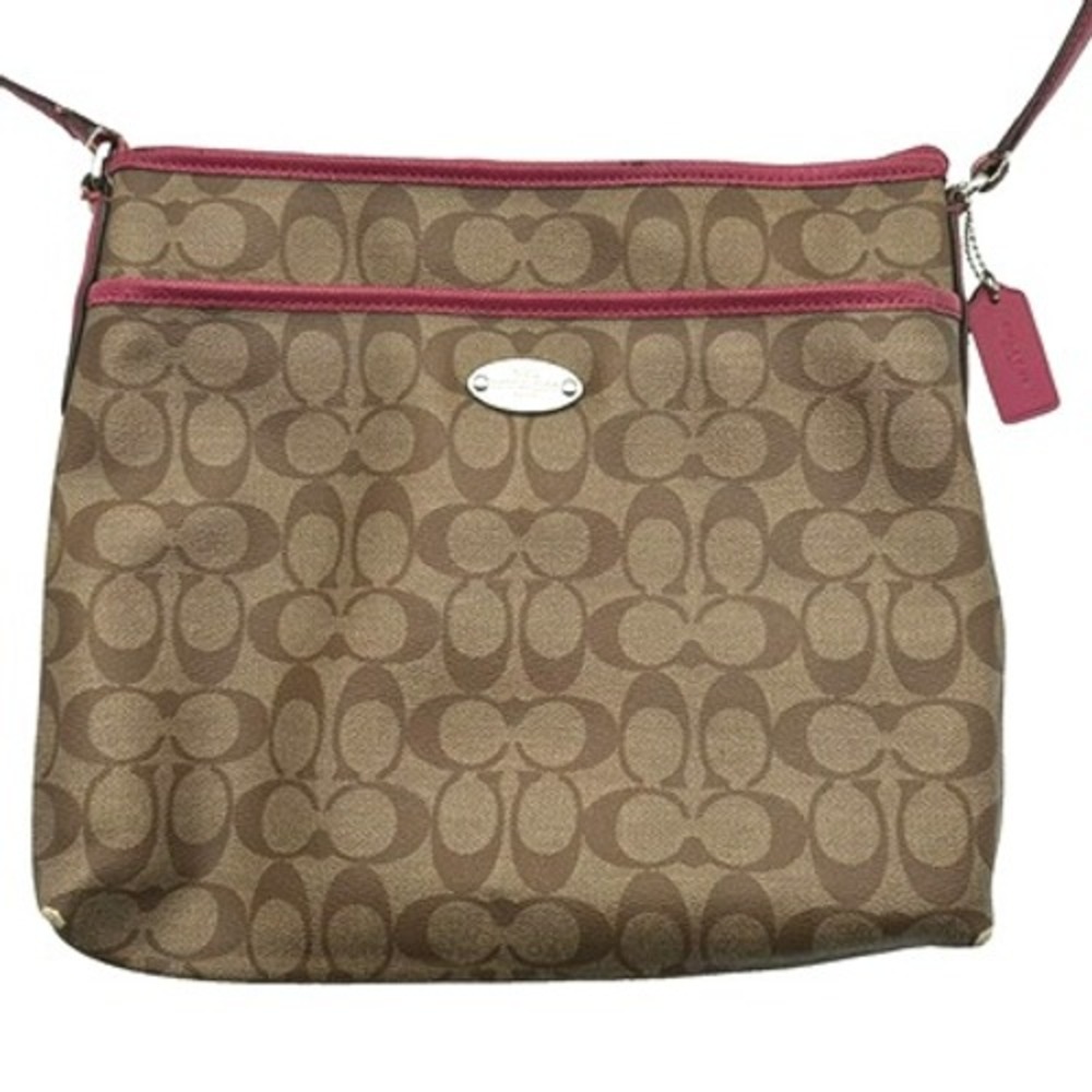 COACH Authentic Signature Shoulder Cross Body Bag Vegan Leather Brown Pink Purse